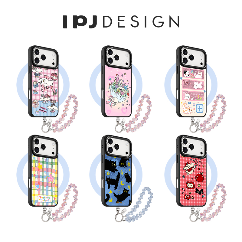 IPJ少女心粉色系格纹超可爱卷毛小狗冰川纹磁吸壳