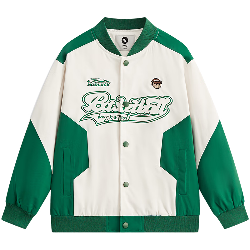 马骑顿 MQD童装男大童三防24春美式学院拼接棒球服外套 墨绿 150cm