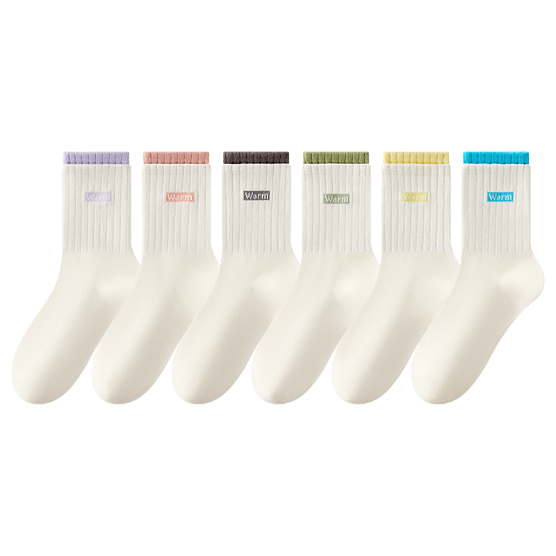 芬腾 【100%纯棉防臭】6双装秋冬季运动中筒抑菌透气白色袜子女