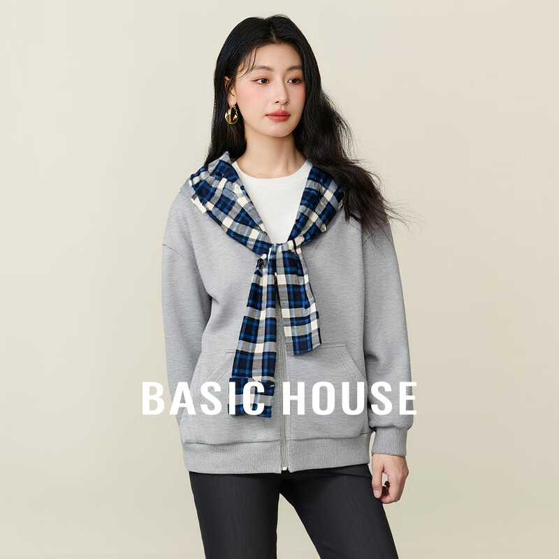 Basic House/百家好美式复古格子拼接卫衣开衫宽松假两件连帽外套 灰色