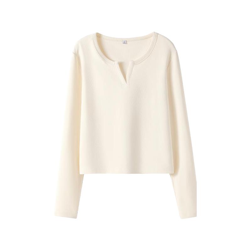 班尼路S&K系列杏色V领长袖t恤女秋季显瘦紧身卫衣休闲上衣女Q
