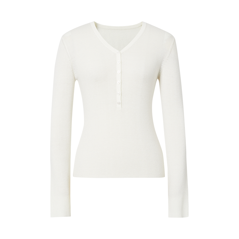 红袖 2025春季女装简约慵懒风肌理感半开门襟V领套头针织衫