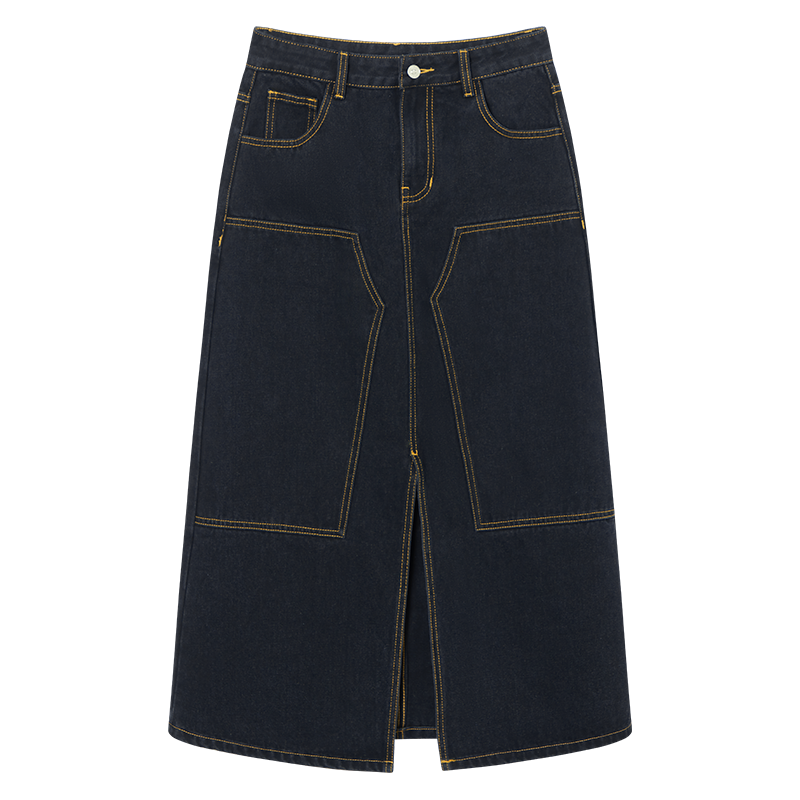 对白 2025秋冬丹宁风复古对称撞色线条前开叉女式深色牛仔半身裙