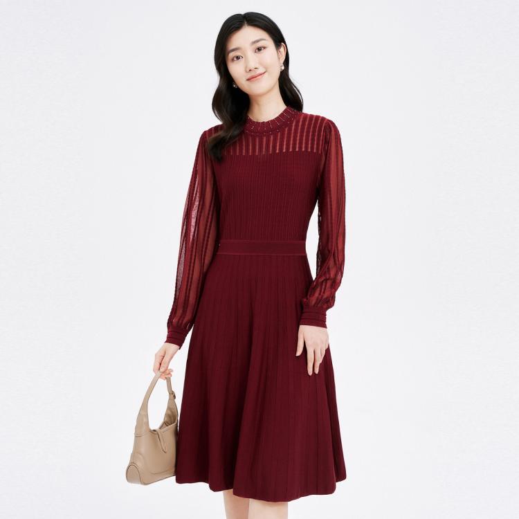 四季款长袖收腰优雅舒适弹力百搭裙子中长针织连衣裙