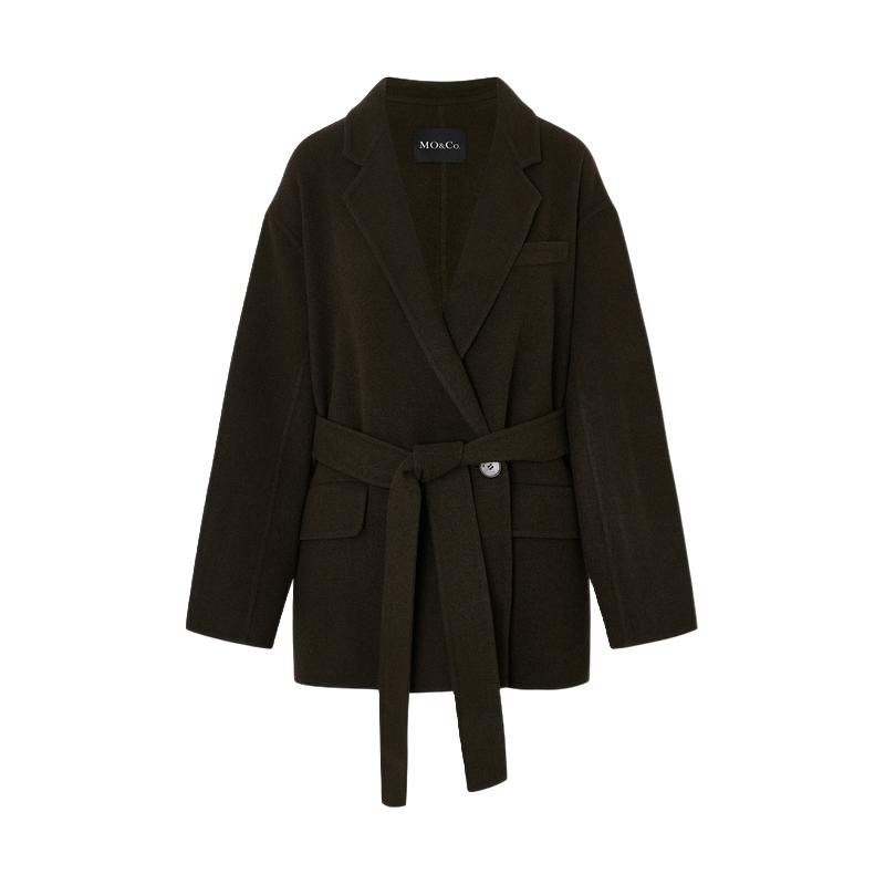 MOCO毛呢外套美丽诺绵羊毛中长款宽松西装平驳领外套附腰带摩安珂