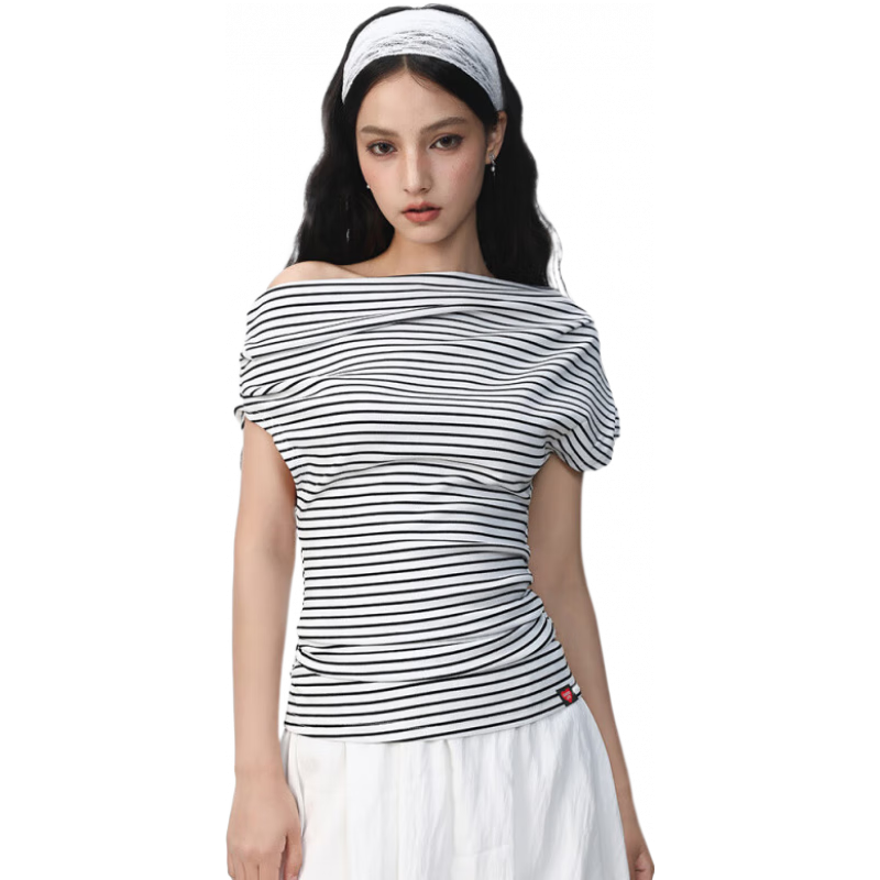 :CHOCOOLATE it黑白条纹斜肩短袖T恤女夏新款设计感收腰休闲上衣 黑色条纹色