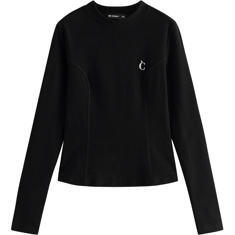 初语T恤女2025冬季远红外发热保暖分割设计收腰显瘦打底上衣 黑色 XL