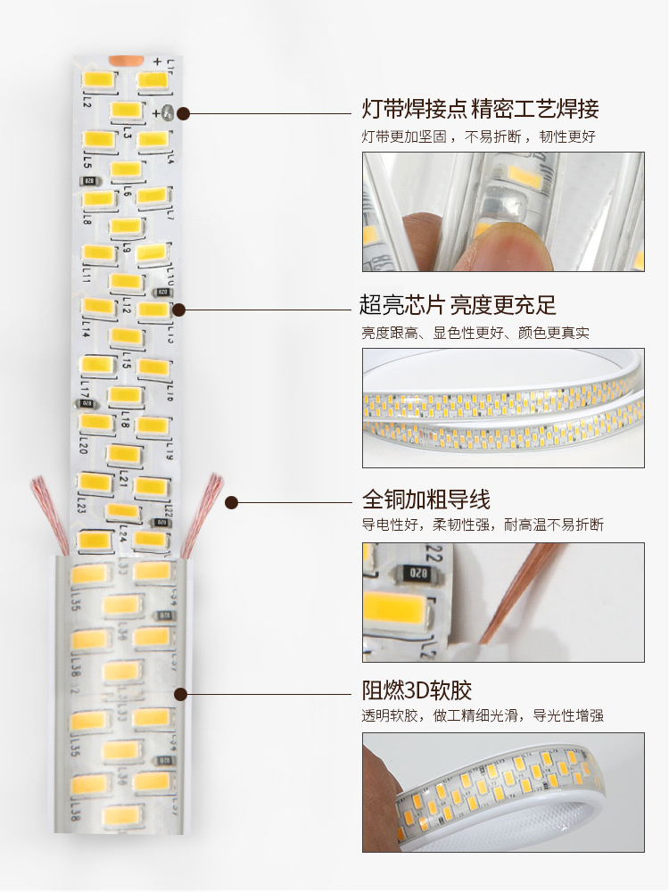 雷迪航灯带led超亮276珠 暗槽吊顶白光 户外室外户外防水220v线灯