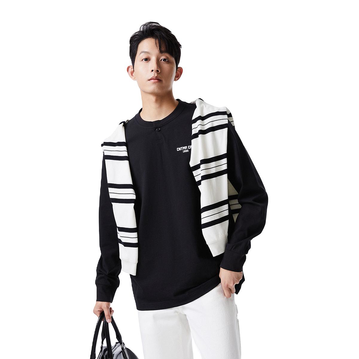 杰克琼斯秋季纯棉舒适时尚潮酷胸前植绒字母上衣百搭长袖T恤男装