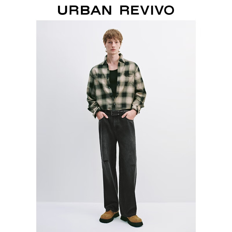 UR2025秋季男装复古水洗破洞棉质阔腿牛仔长裤UUV850002 黑色 34