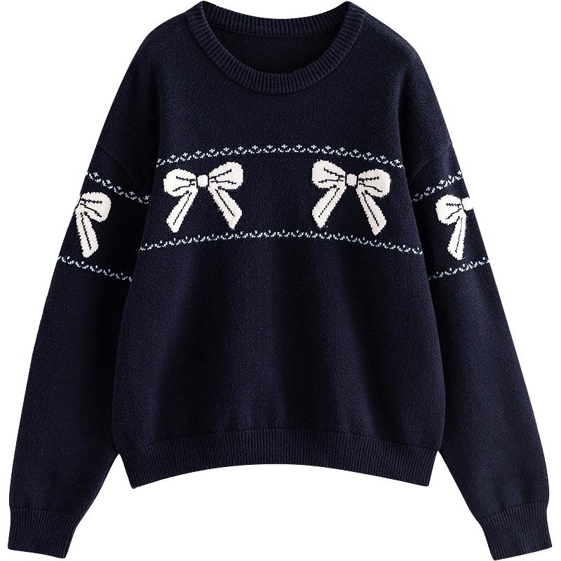 初语毛衣女2025冬季蝴蝶结提花复古减龄圆领微宽松保暖上衣 藏青色 S