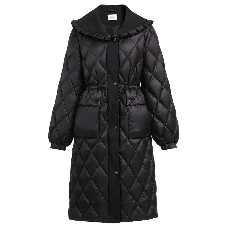 欧时力 娃娃领长款羽绒服女秋冬荷叶边保暖外套