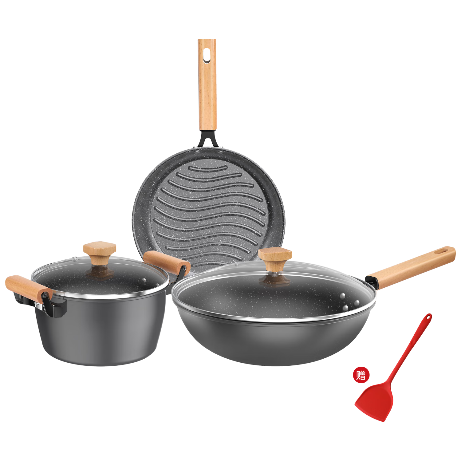 康巴赫（KBH）不粘锅套装炒煎汤锅三件套平底无油烟麦饭石色礼赠佳品燃气电磁炉 炒锅32+煎锅26+汤锅22cm 3件套