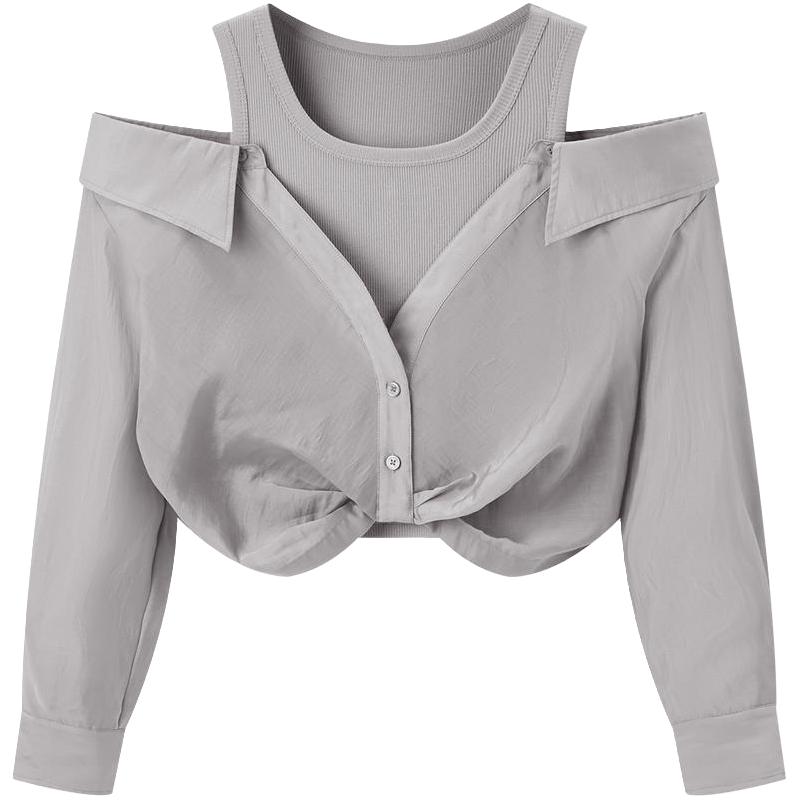 太平鸟 长袖拼接上衣秋季女士莱赛尔设计感短款显瘦上装