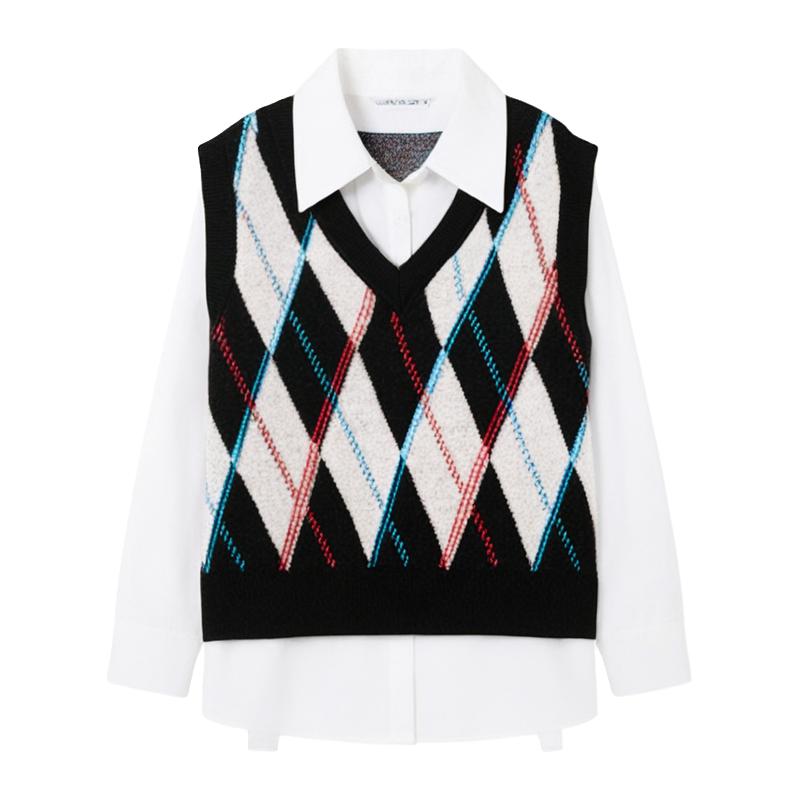 森马长袖衬衫女冬季菱形格V领短背心易打理衬衣俏皮学院风两件套