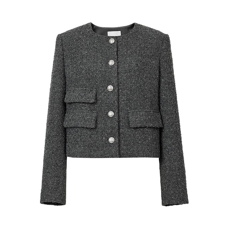 红袖 2025秋季女装香风亮丝粗花呢正肩长袖短款箱型外套