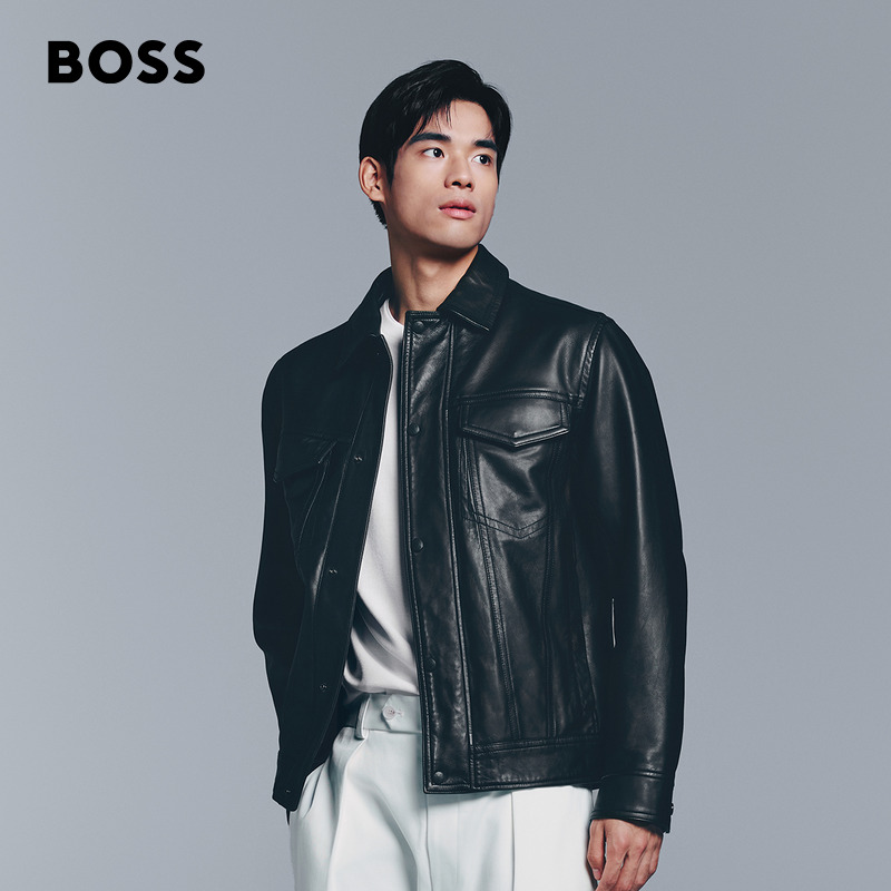 【羊皮革】BOSS博斯 男士25年斜纹布衬里上蜡皮衣夹克