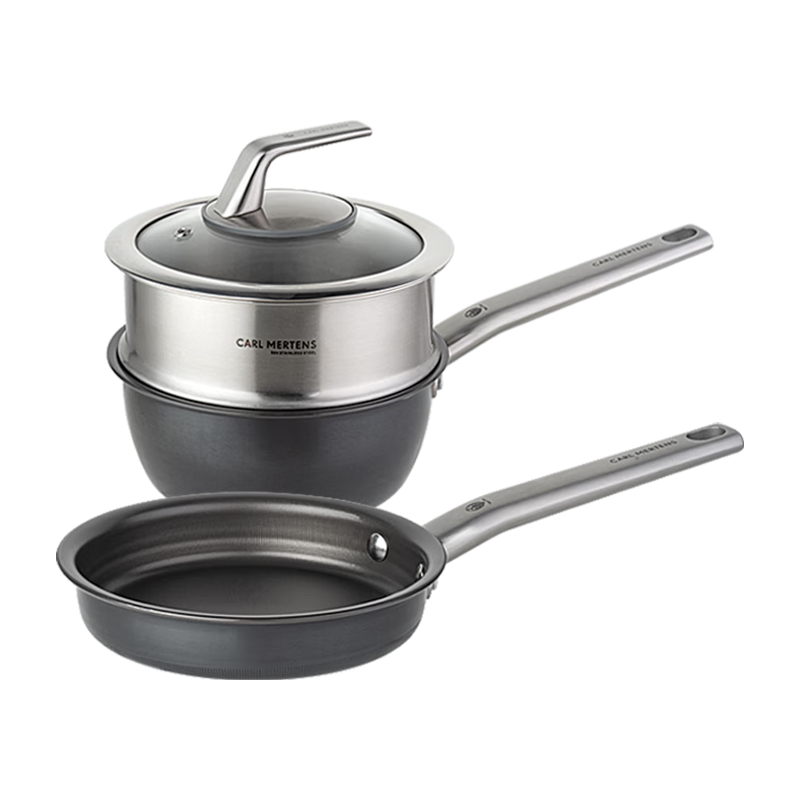 德国三头鹰纯钛无涂层奶锅宝宝辅食锅多功能煎煮一体不粘锅三件套