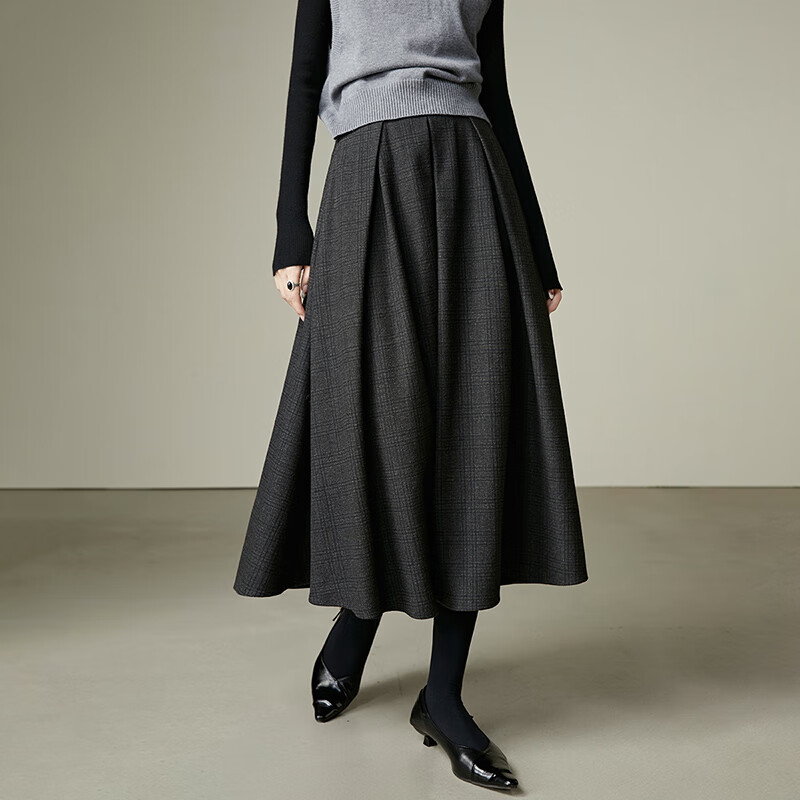 晚白【新品】2025秋冬款时尚半裙大摆纯色加厚毛呢半身裙【不含腰带】 深灰色 XL