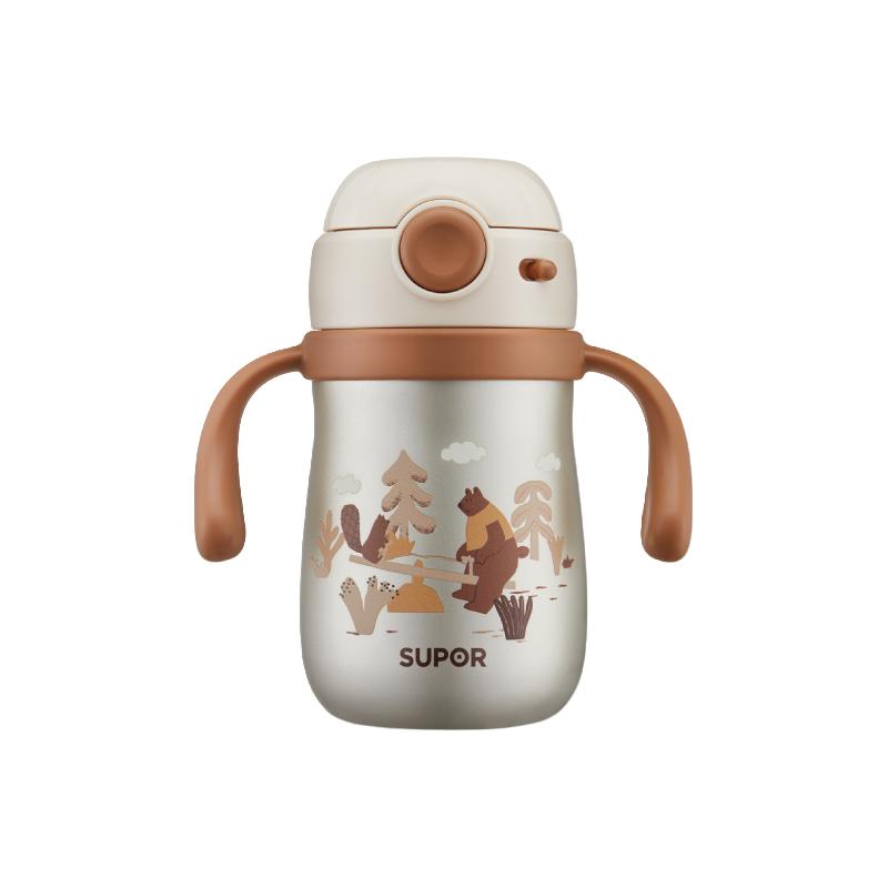 苏泊尔婴幼儿宝宝纯钛保温学饮吸管杯外出便携6个月防呛 橡果棕 【纯钛】300ML+背带