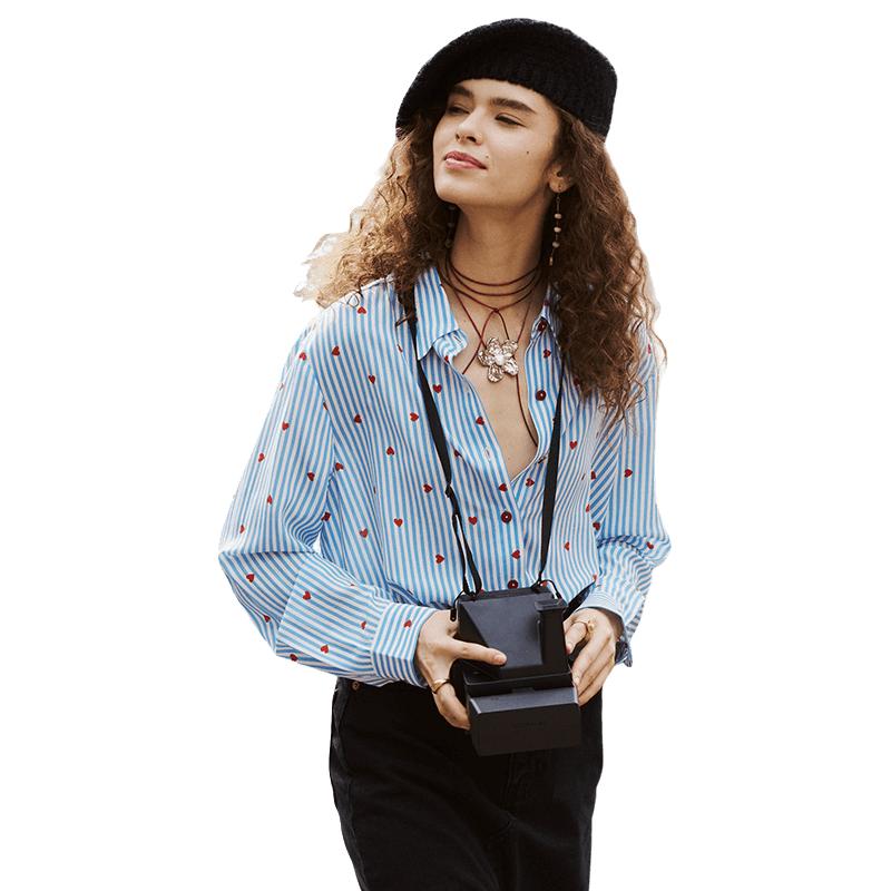 真丝衬衫女上衣春夏季小众设计感长袖宽松桑蚕丝条纹印花衬衣