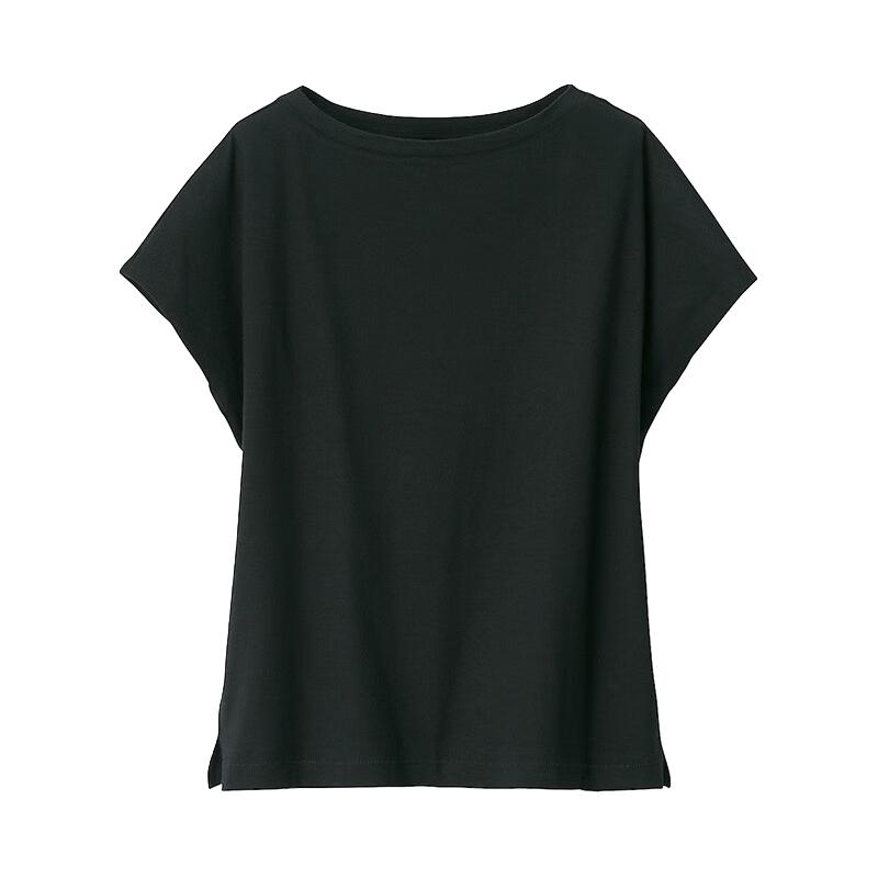 无印良品 無印良品 MUJI 女式 粗细不均棉线天竺编织 法国袖T恤 黑色 M