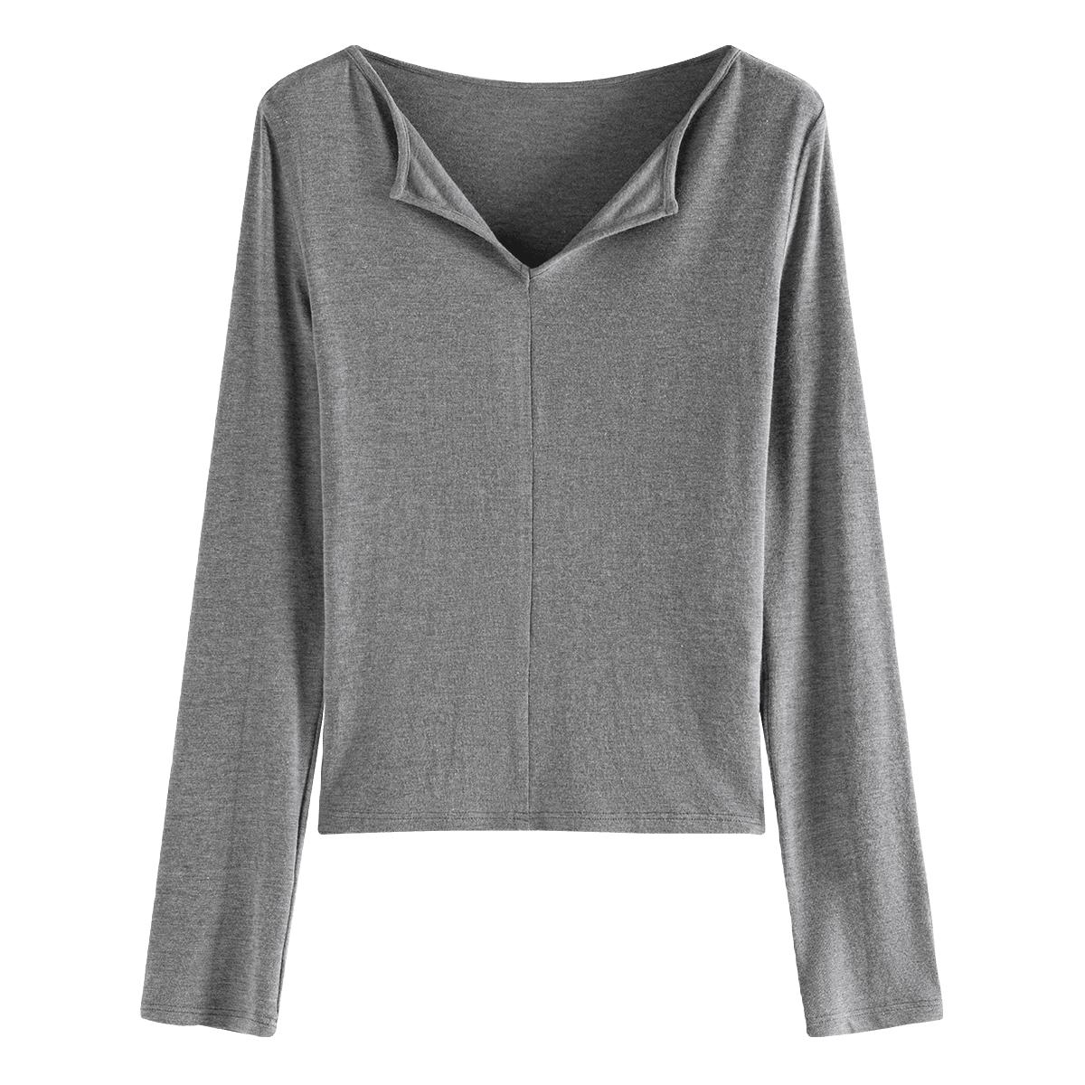 范思蓝恩FANSILANEN 极简V领套头穿搭长袖T恤女春秋日常通勤修身针织衫上衣