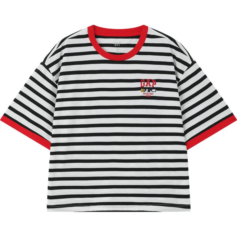 Gap女装夏季款纯棉logo撞色条纹短袖T恤宽松美式上衣496364