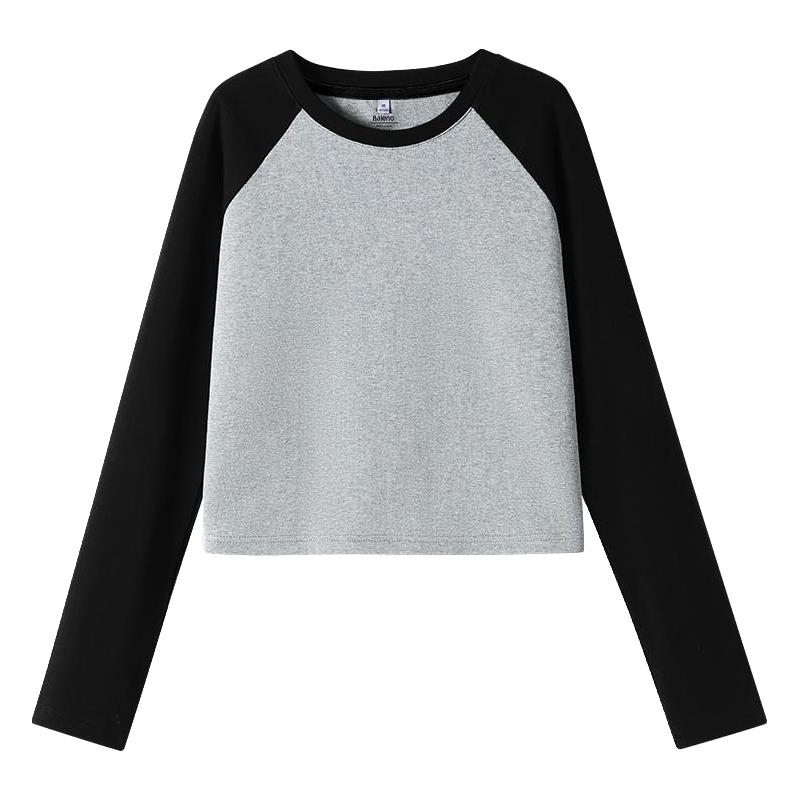 班尼路长袖T恤女2024撞色设计感复古格雷系风穿搭女士上衣女
