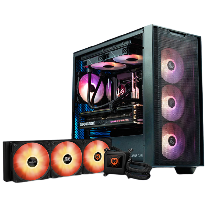 华硕 A21 追影 暗影黑 MATX +圣旗 圣狮360 ARGB LCD一体式水冷散热器 INTEL/AMD 机箱散热器套装