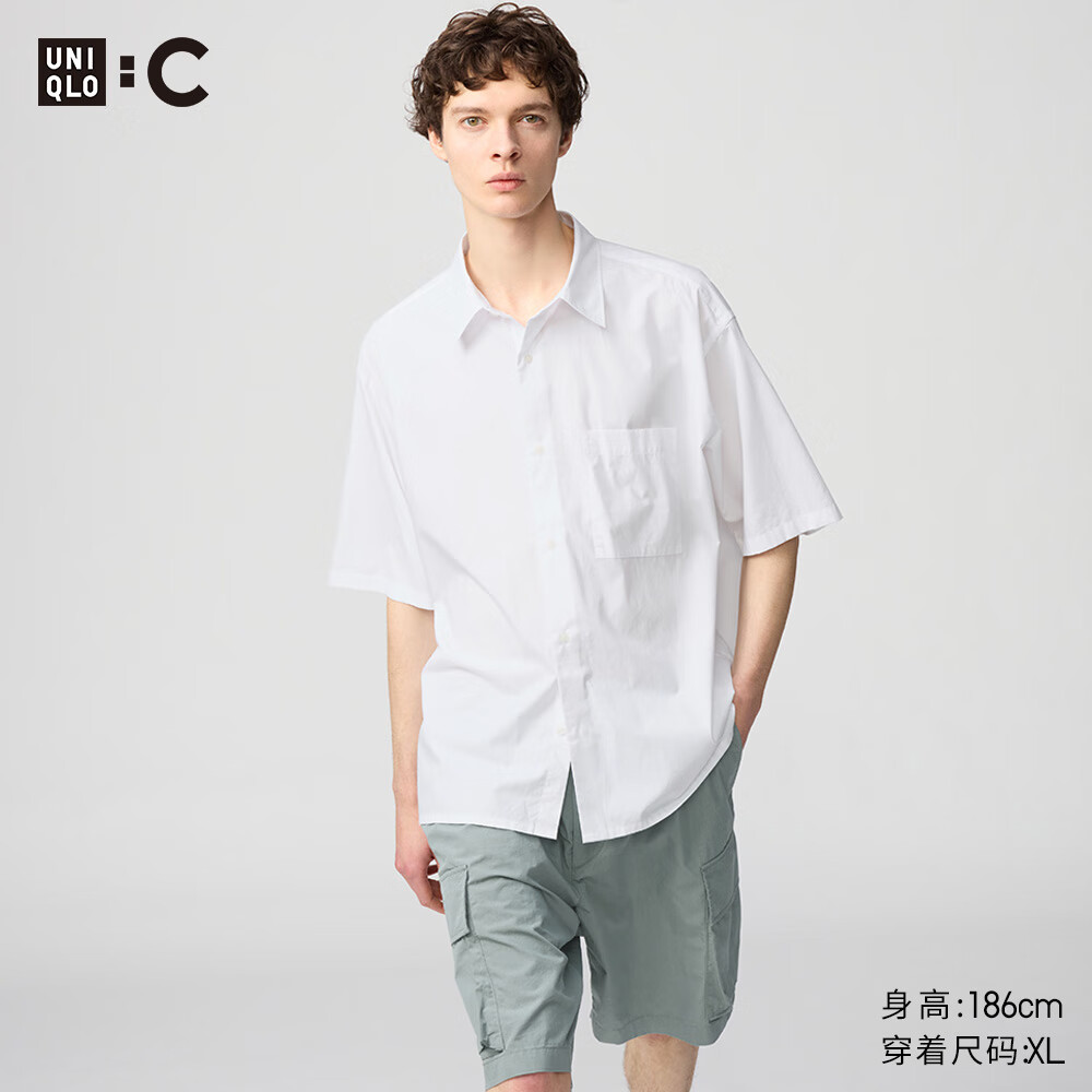 优衣库C系列合作款/男装女装宽松衬衫/短袖衬衣休闲百搭476246 00 白色