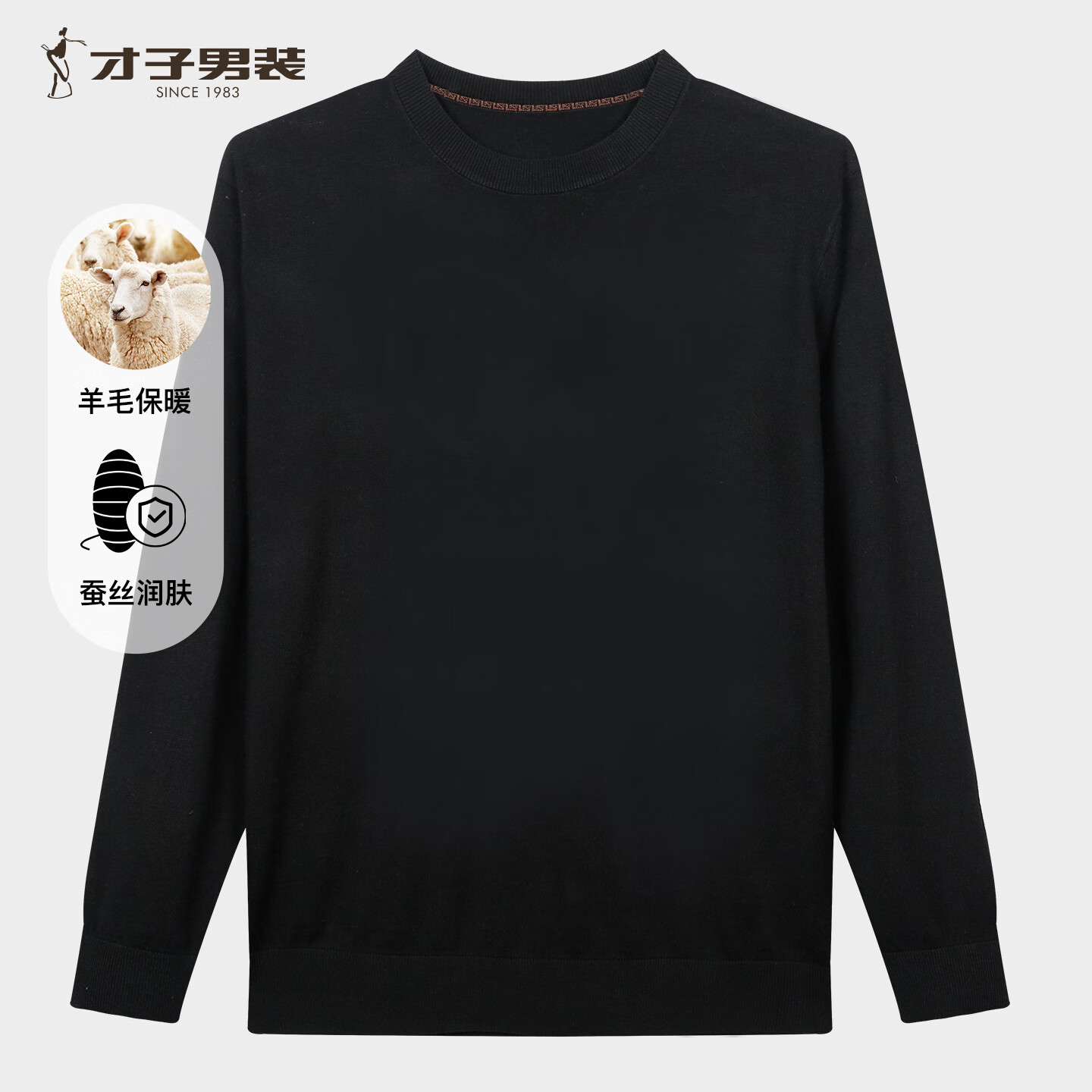 才子（TRIES）男士圆领蚕丝羊毛打底衫舒适亲肤商务休闲针织毛衣奢华体感通勤 黑色 2XL 52 (180/96A)