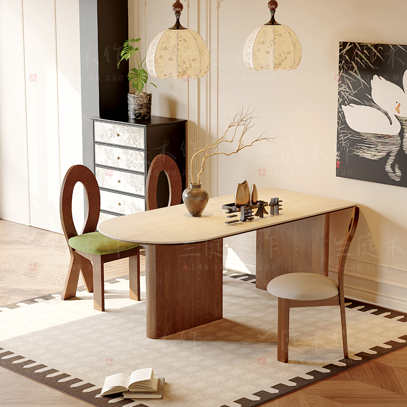 中古风岩板洞石法式餐桌家用小户型轻奢奶油半圆半岛形餐桌子客厅