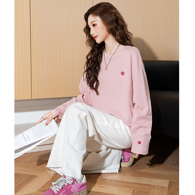 唐狮春秋长袖T恤女宽松圆领净色纯棉百搭白色打底衫上衣ttu