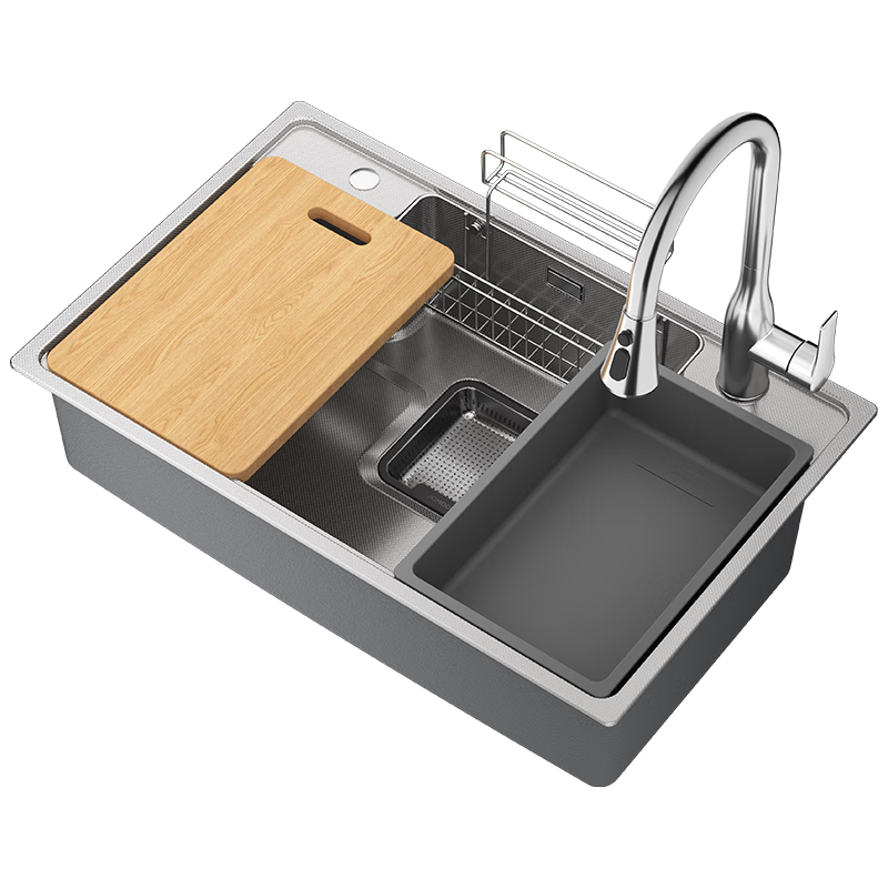九牧（JOMOO）厨房水槽大单槽聚宝盆日式水槽纳米304不锈钢洗菜洗碗盆一体 【集渣纳米银】70*48+抽拉龙头
