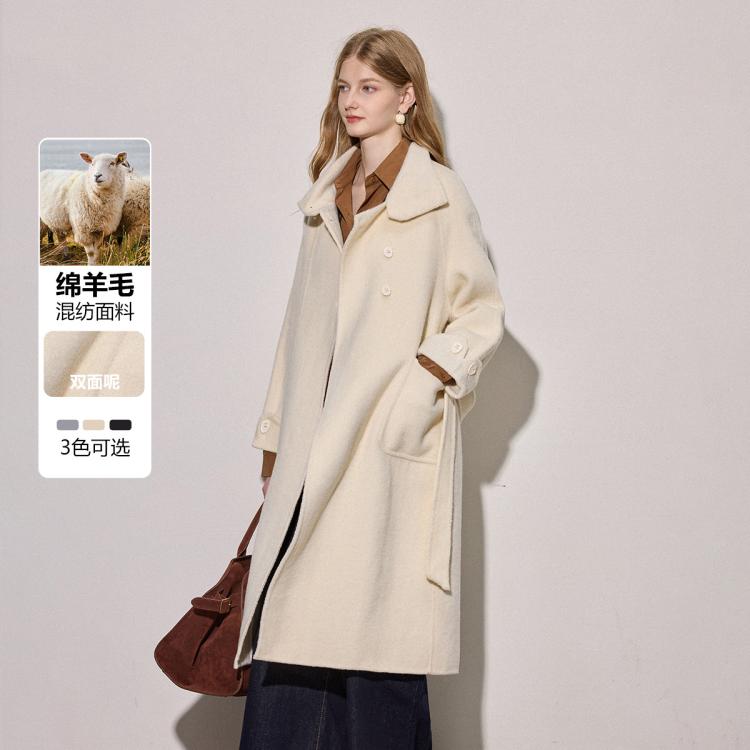 WESTLINK 【绵羊毛混纺】秋冬大翻领腰带收腰长款双面呢大衣女外套