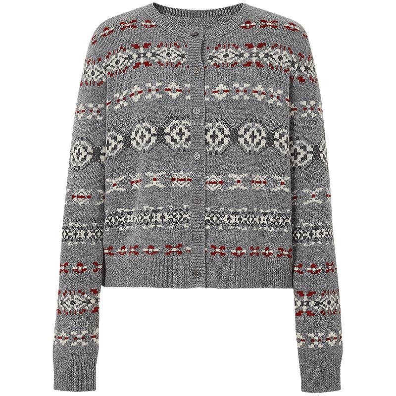 红袖 2025圣诞新年穿搭春季女装费尔岛单排扣圆领宽松慵懒针织开衫