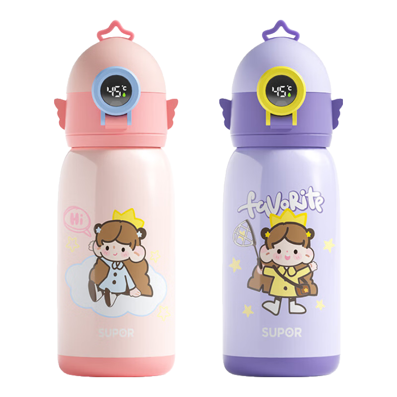 苏泊尔（SUPOR）儿童保温杯带吸管水杯抗菌不锈钢智能显温大容量男女宝宝便携杯子 太空飞猪 600ml 双盖+杯套+礼盒装