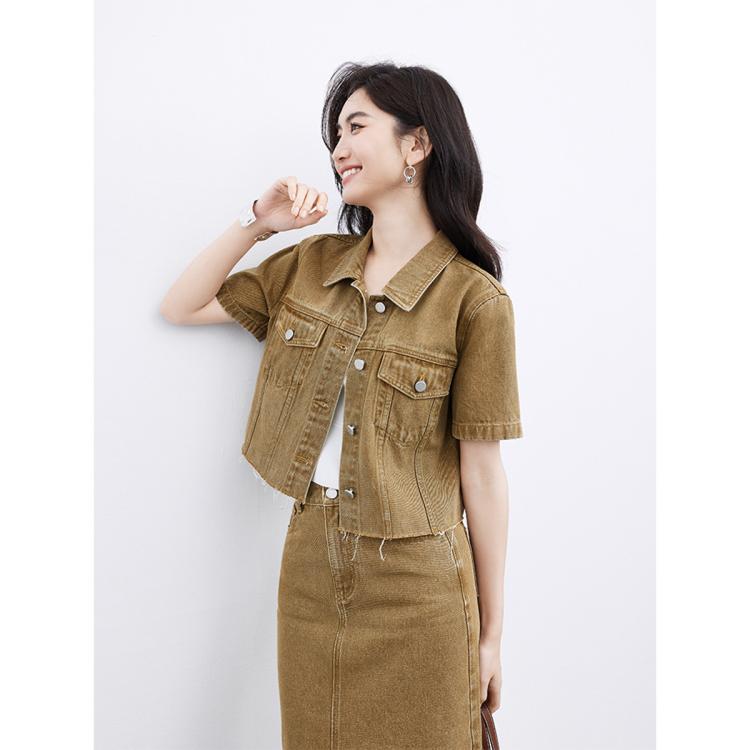2024夏季女装美式复古箱型水洗单排扣短袖牛仔短外套