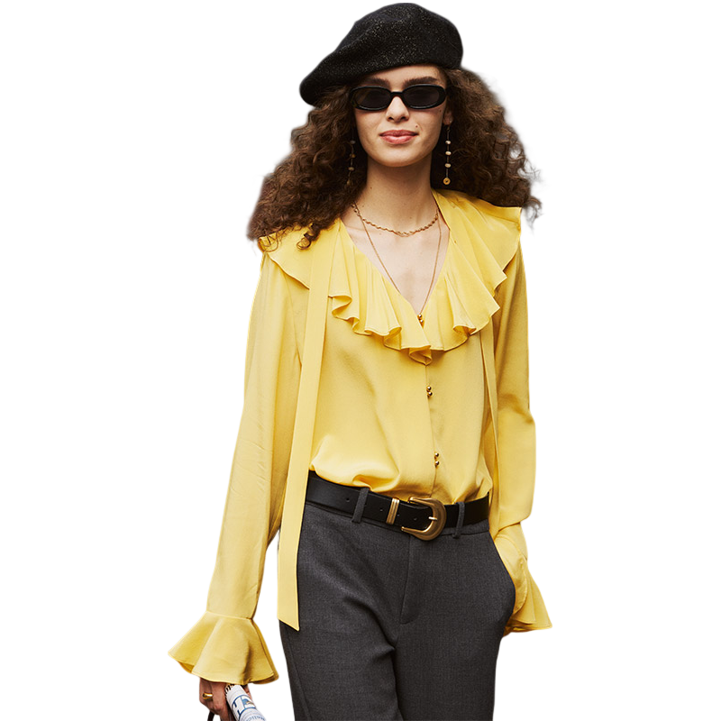 桑蚕丝长袖上衣女2025秋季小众设计感宽松衬衫荷叶边飘带衬衣