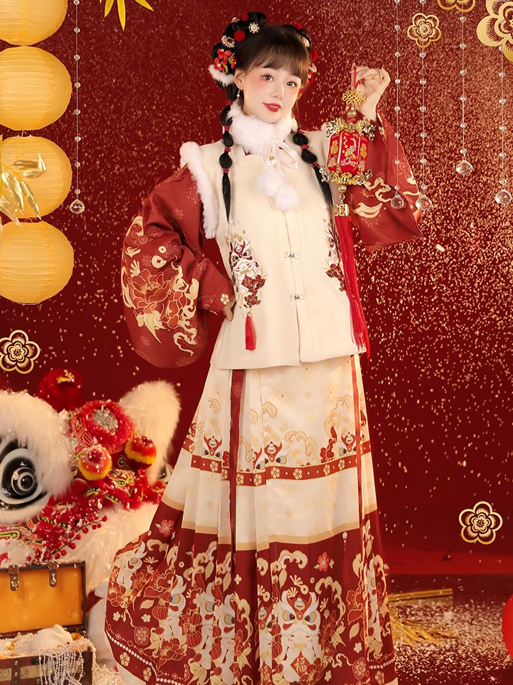 巷詹汉服女成人【元宝兔】明制马甲拜年服马面裙刺绣秋冬加绒 米色比甲+里衣+马面裙+毛领 XL