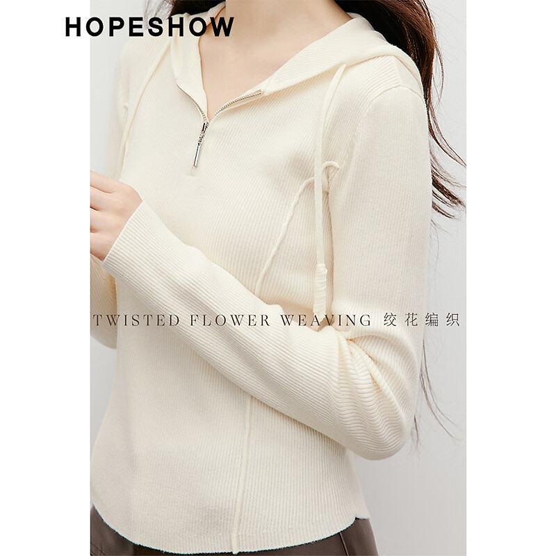 红袖显瘦针织衫2025秋季新款女装不对称结构线抽绳连帽休闲百搭毛衣 米白004