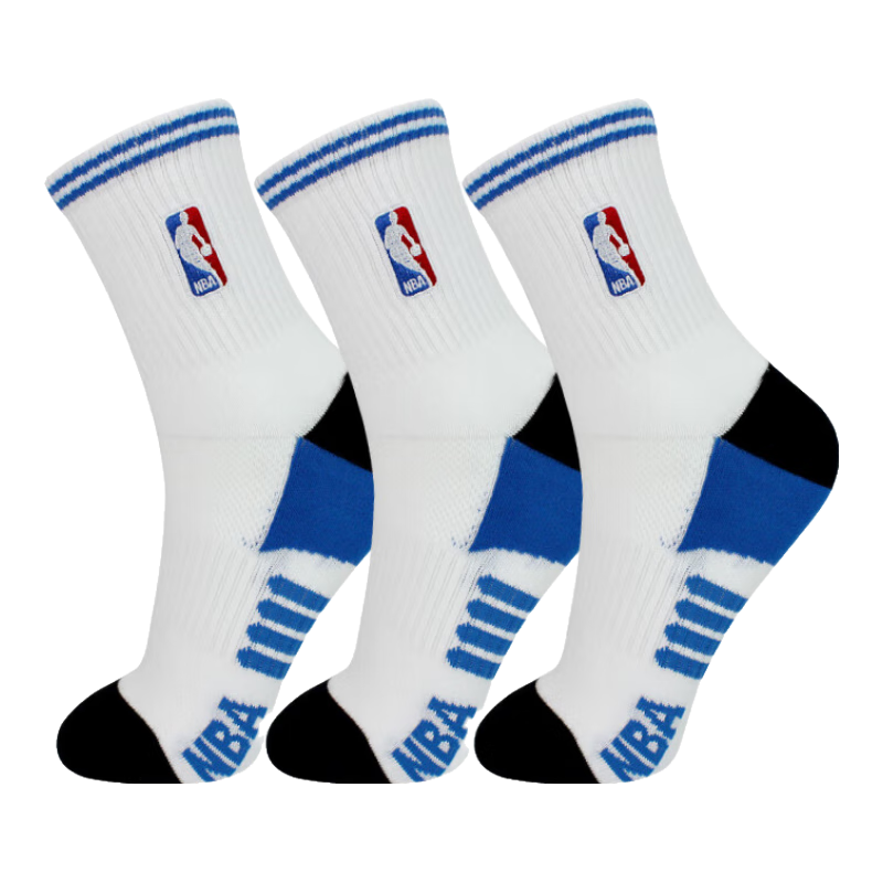NBA袜子男士中筒时尚运动袜秋冬毛圈加厚毛巾底防滑跑步篮球棉袜3双 漂白3双