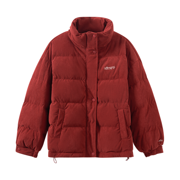 加厚保暖鸭绒短羽绒服女复古灯芯绒红色新年外套