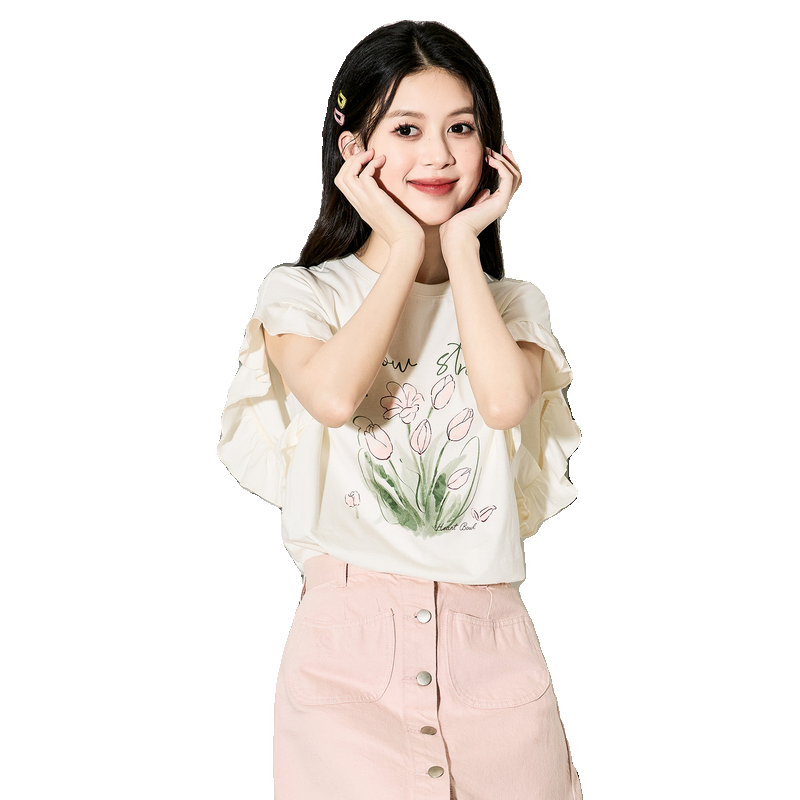 唐狮 TONLION2024花边袖短袖T恤女夏季设计感甜美上衣洋气小衫sz