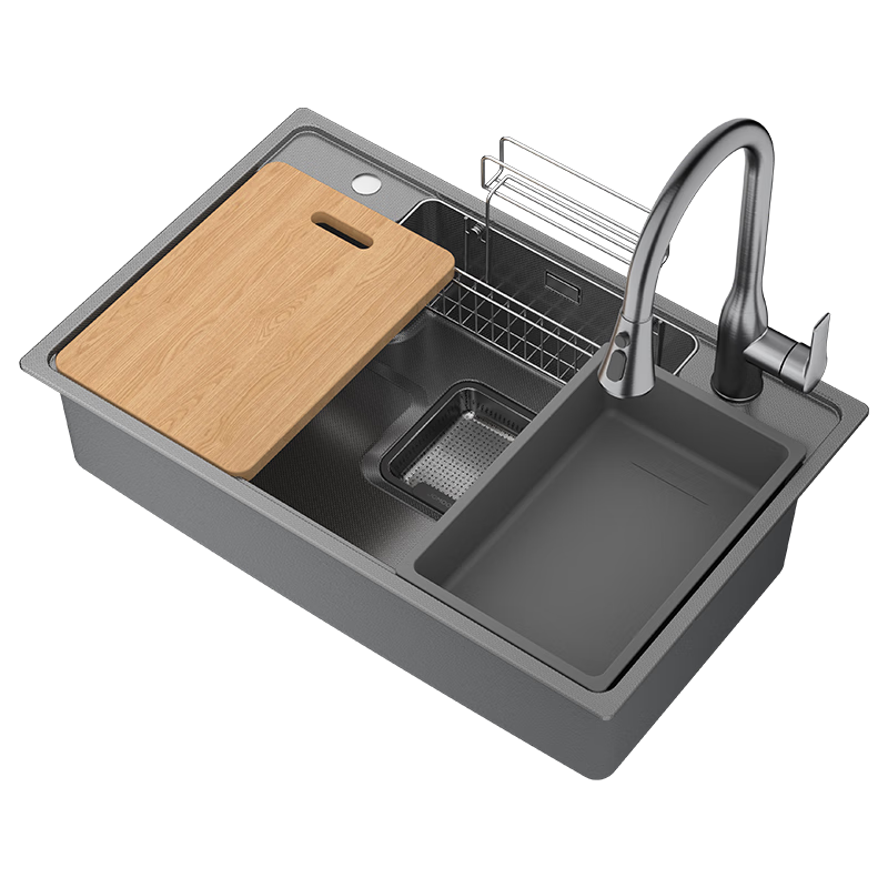 九牧（JOMOO）厨房水槽大单槽聚宝盆日式水槽纳米304不锈钢洗菜洗碗盆一体 【集渣黑钛】70*48+枪灰抽拉龙头