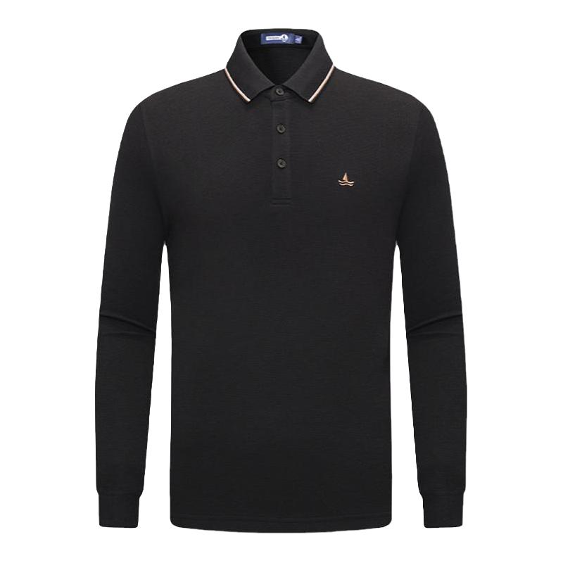 Navigare意大利小帆船春季长袖polo衫男黑色纯棉商务t恤