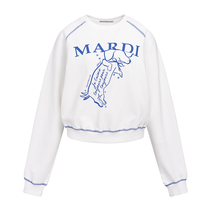 MARDI MERCREDI 摇尾珍珠小狗插肩薄卫衣短款黑粉腊肠狗上衣女