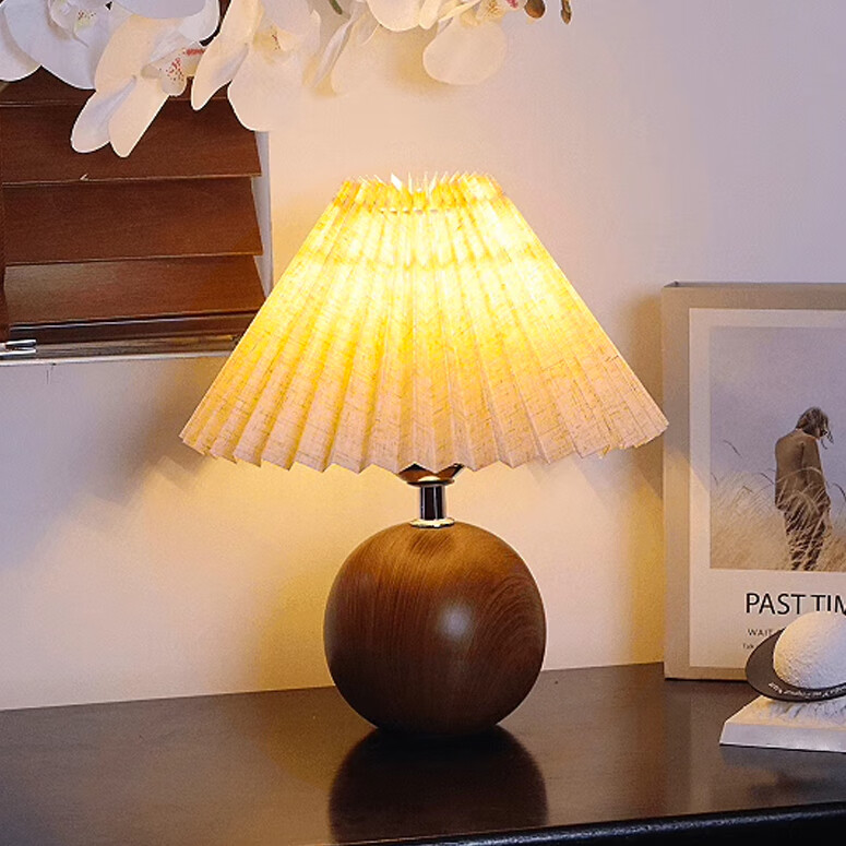 尔山集百褶台灯木纹亚麻陶瓷卧室床头民宿装饰氛围小夜灯 台灯【木纹 亚麻灯罩 三色可调】