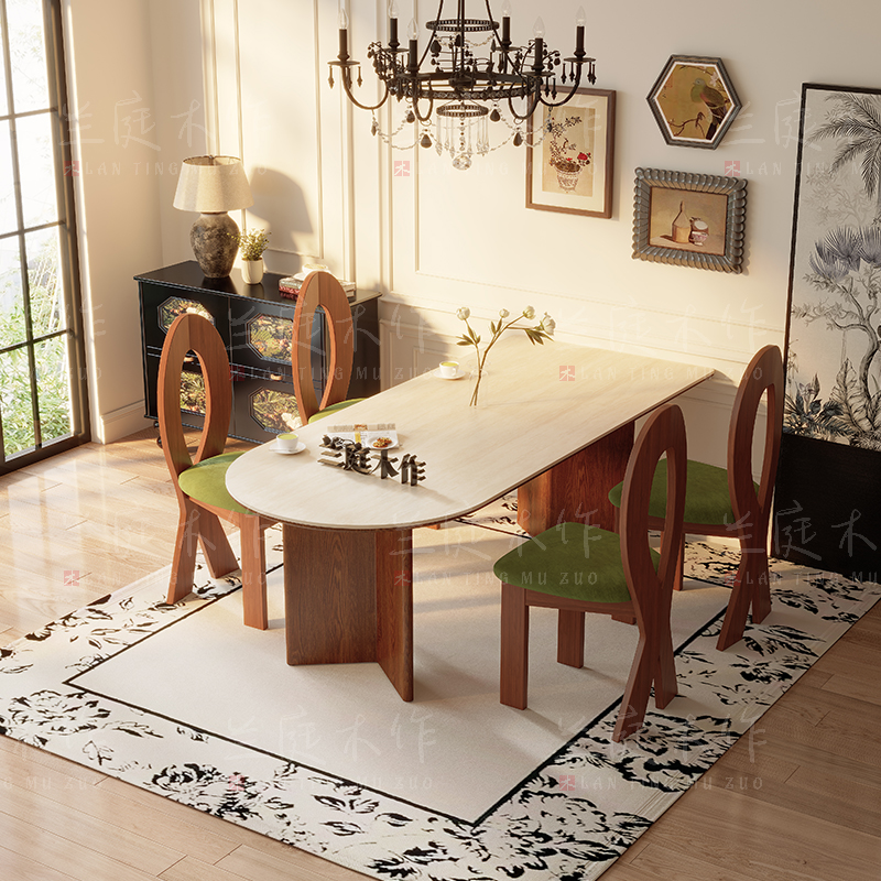 中古风岩板洞石法式餐桌家用小户型轻奢奶油半圆半岛形餐桌子客厅